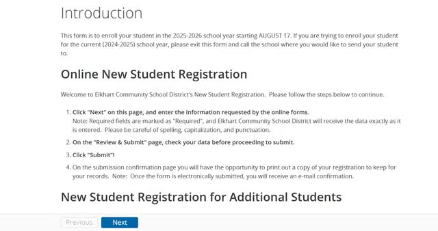 Elkhart Community Schools opens 2025-26 online new‑student registration; lists required documents, consents