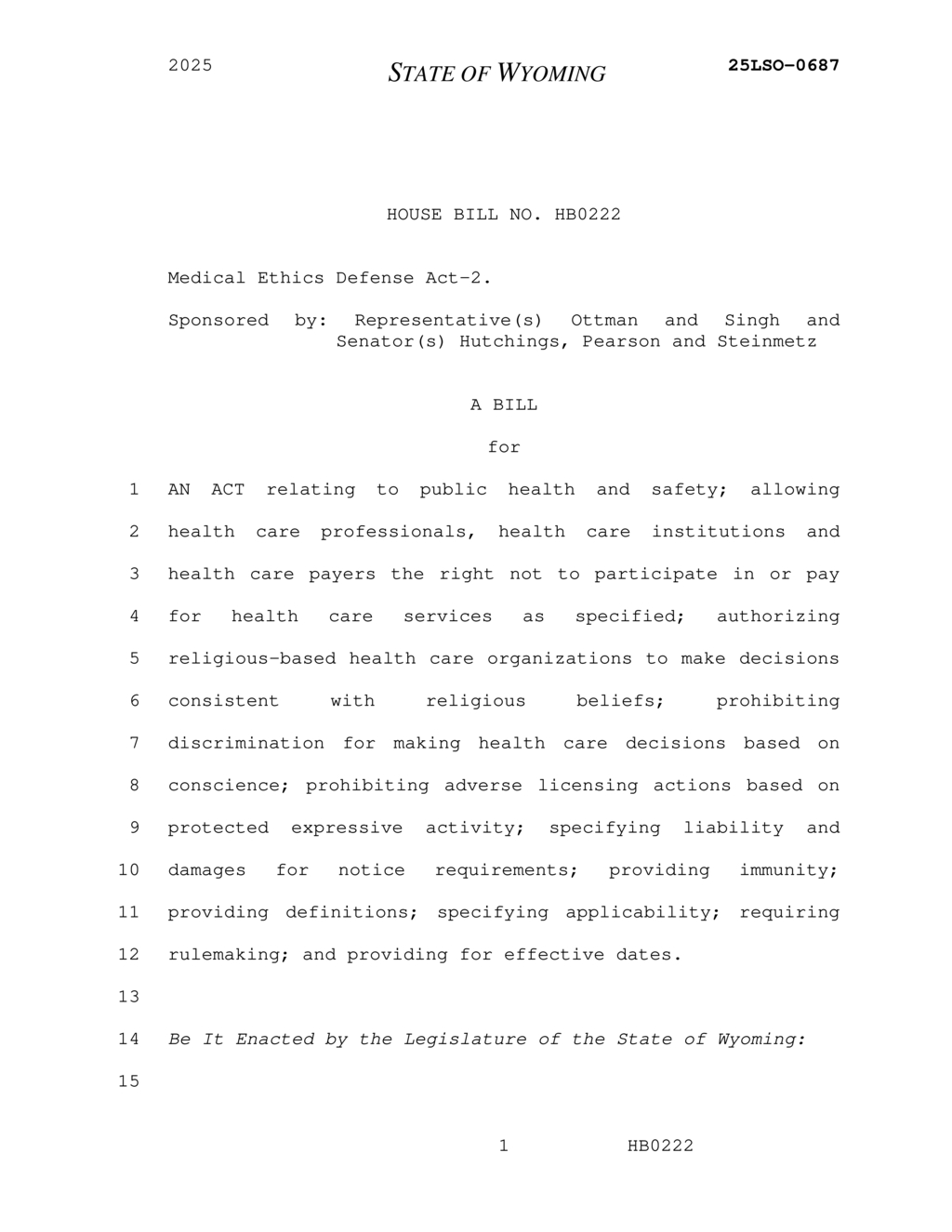 Wyoming lawmakers introduce Medical Ethics Defense Act protecting conscience rights