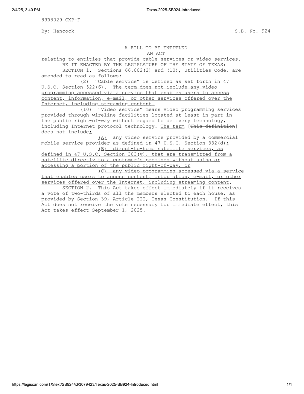 Texas Legislature amends cable service definitions in SB 924