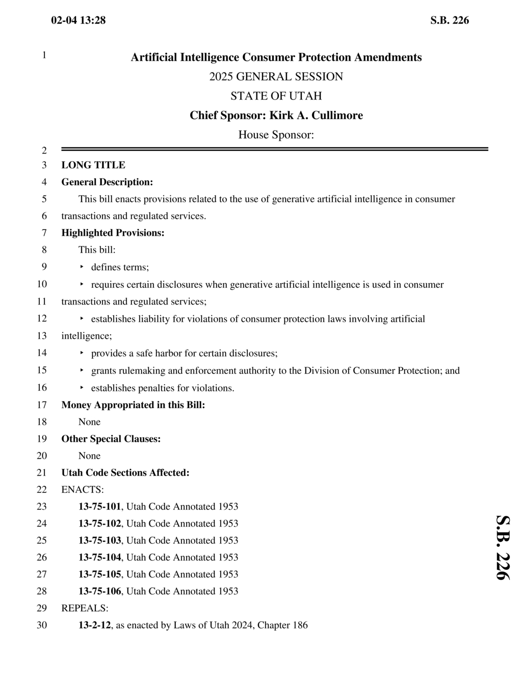 Utah enacts S.B. 226 for AI consumer protection in transactions