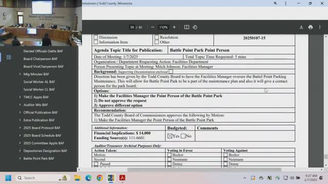 Todd County names facilities manager as Battle Pointe Park point person; will coordinate with Park Board and Public Works on trail and parking work