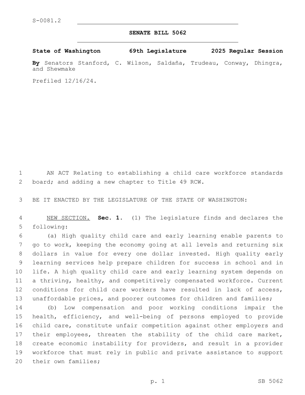 Legislation establishes minimum wage and standards for childcare workers in Washington