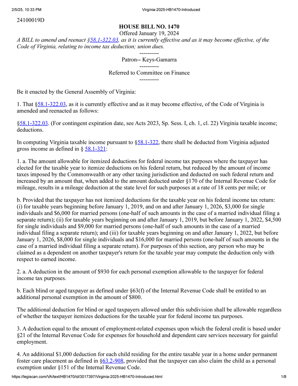 Virginia legislators propose new tax deductions for families and seniors in HB 1470