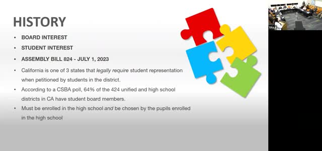 Board considers student board member pilot following AB 824; discusses roles and timeline