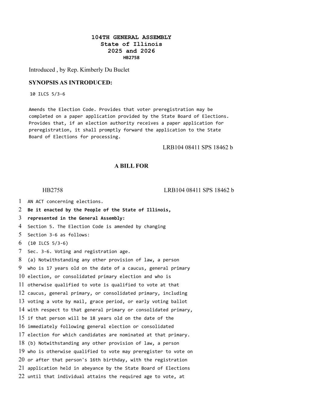Rep Kimberly Du Buclet introduces HB2758 to enhance voter preregistration in Illinois