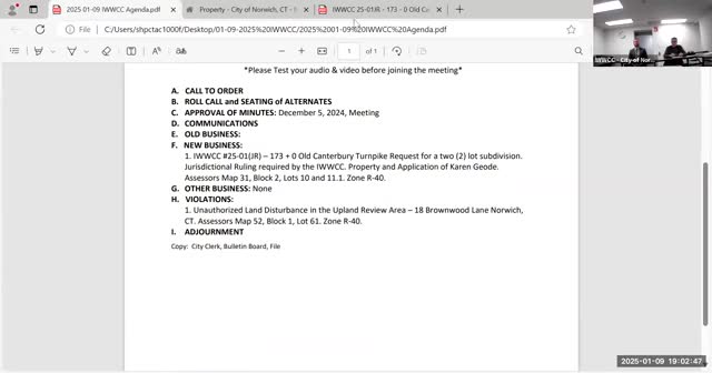 Norwich commission issues jurisdictional ruling for two‑lot subdivision on Old Canterbury Turnpike