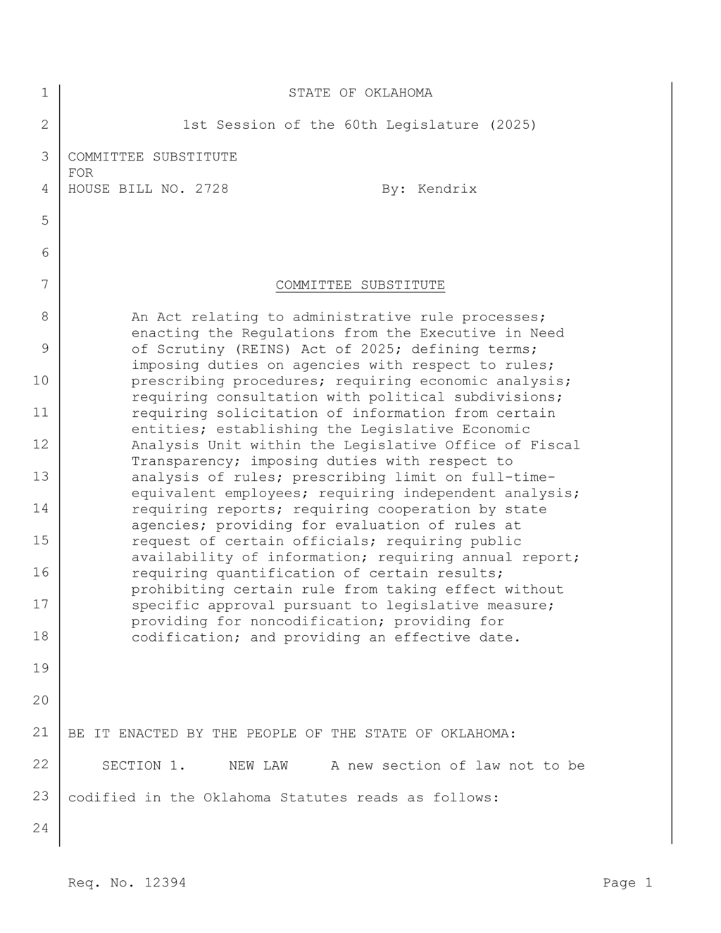 Oklahoma introduces REINS Act to scrutinize agency regulations and costs