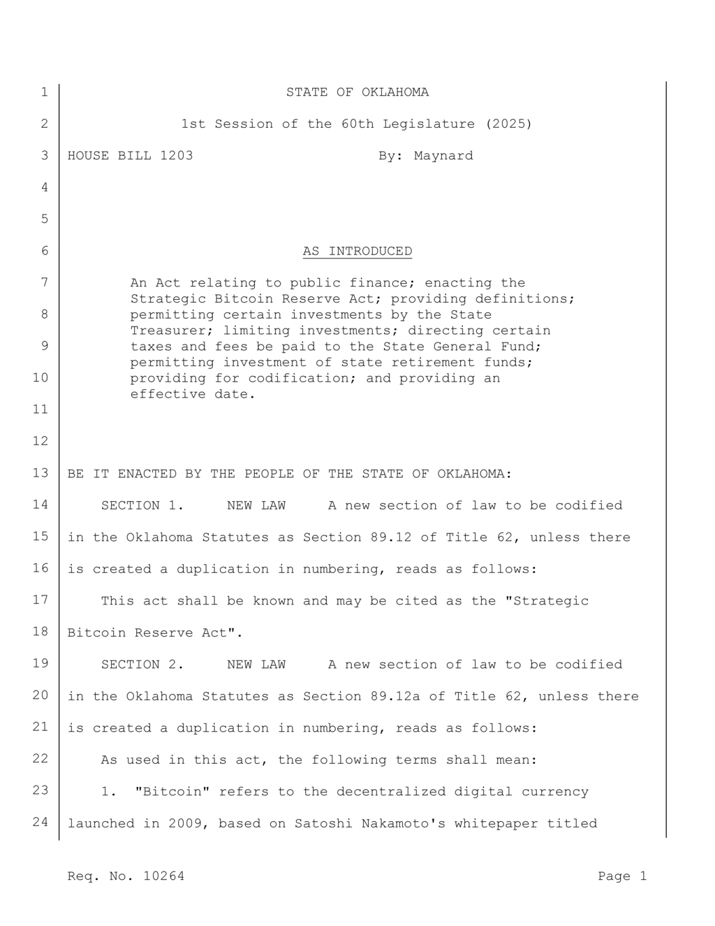 Oklahoma legislature introduces Strategic Bitcoin Reserve Act for state investments