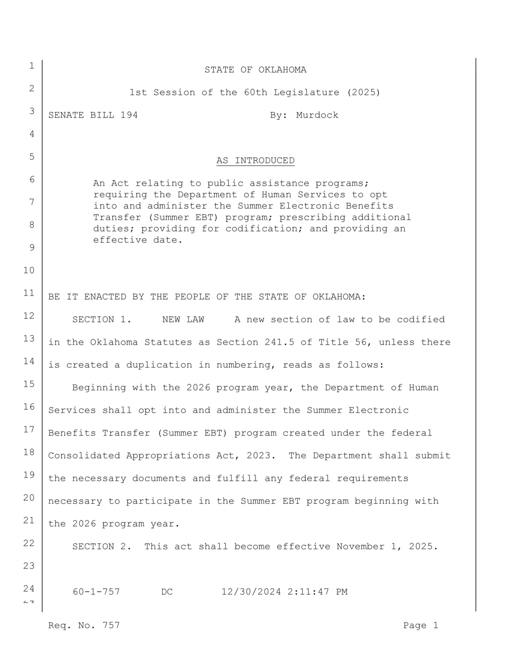 Oklahoma Senate Bill 194 mandates Summer EBT program implementation by 2026