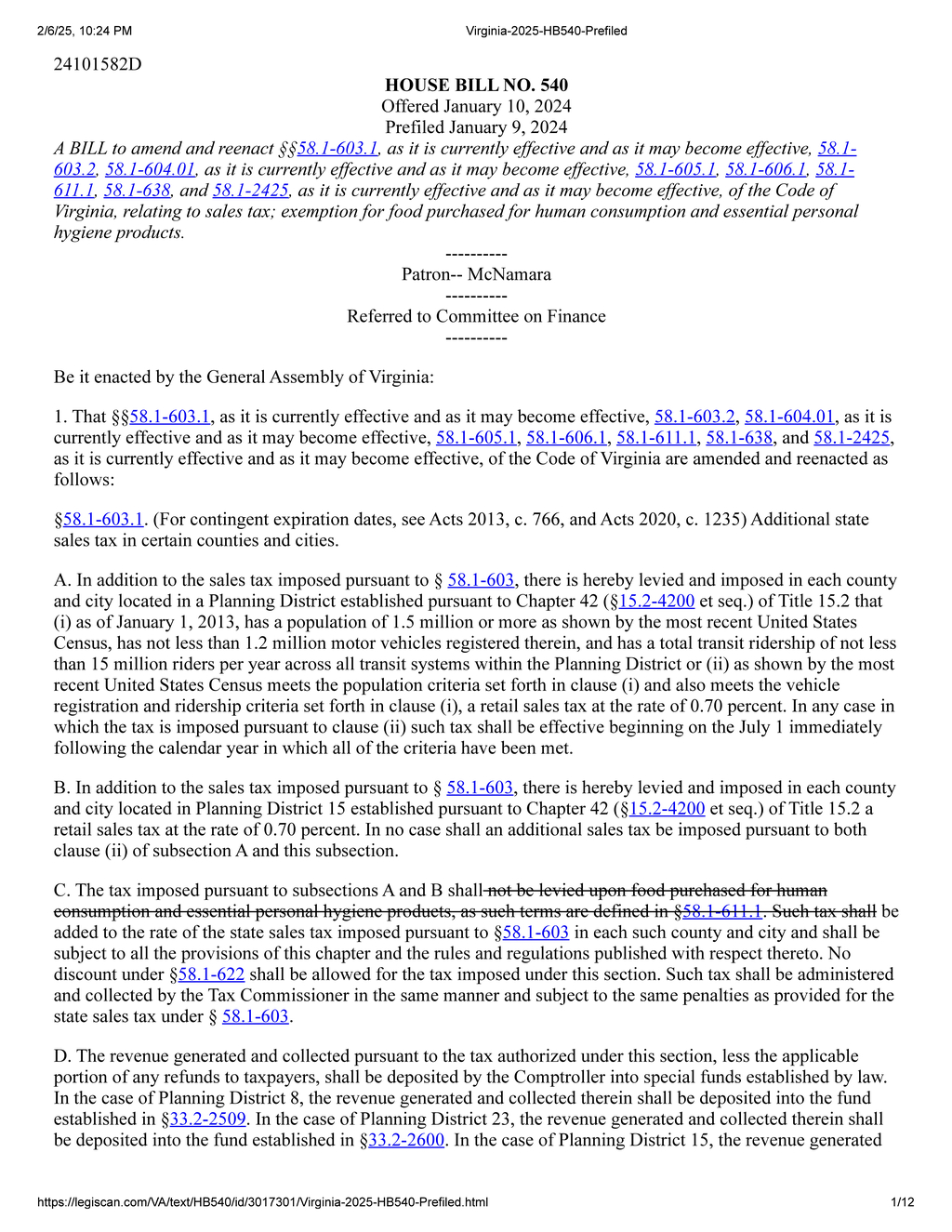 Virginia House Bill 540 proposes sales tax exemption for food and hygiene products