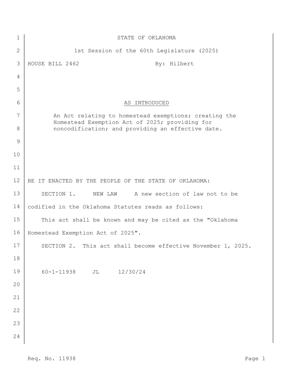 Oklahoma Legislature introduces Homestead Exemption Act for 2025