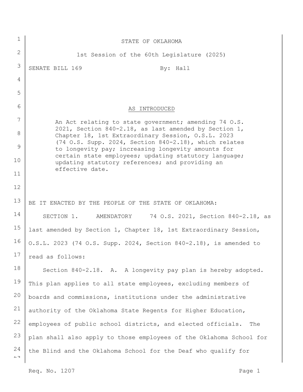 Oklahoma Senate Bill 169 proposes increased longevity pay for state employees