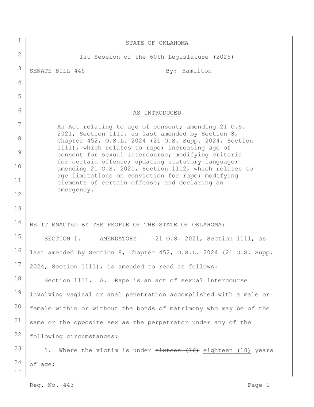 Oklahoma Senate Bill 445 raises age of consent to eighteen