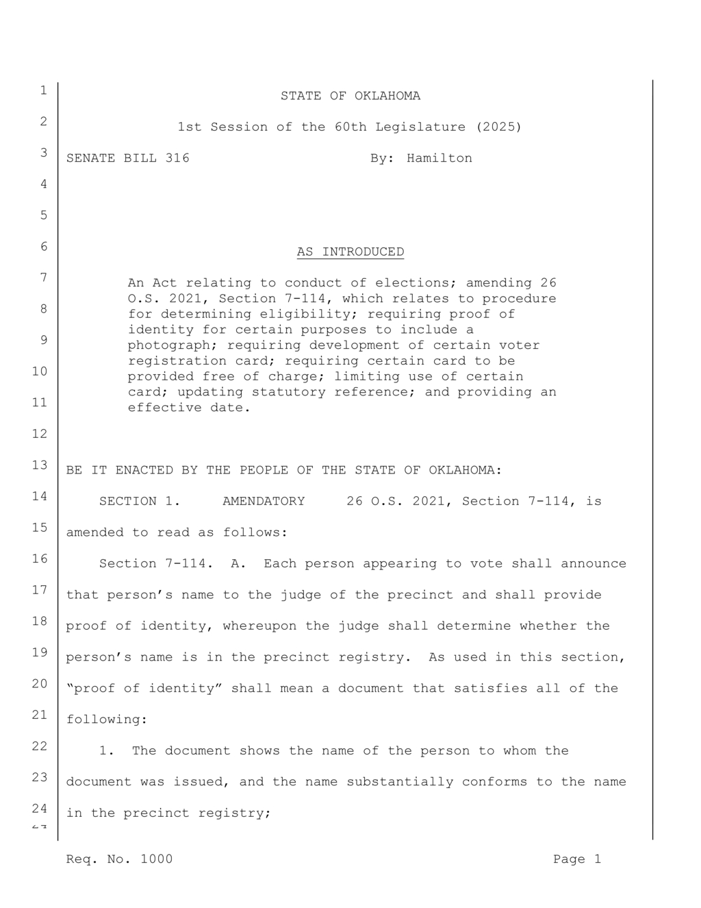 Oklahoma Senate Bill 316 mandates photo ID for voter registration