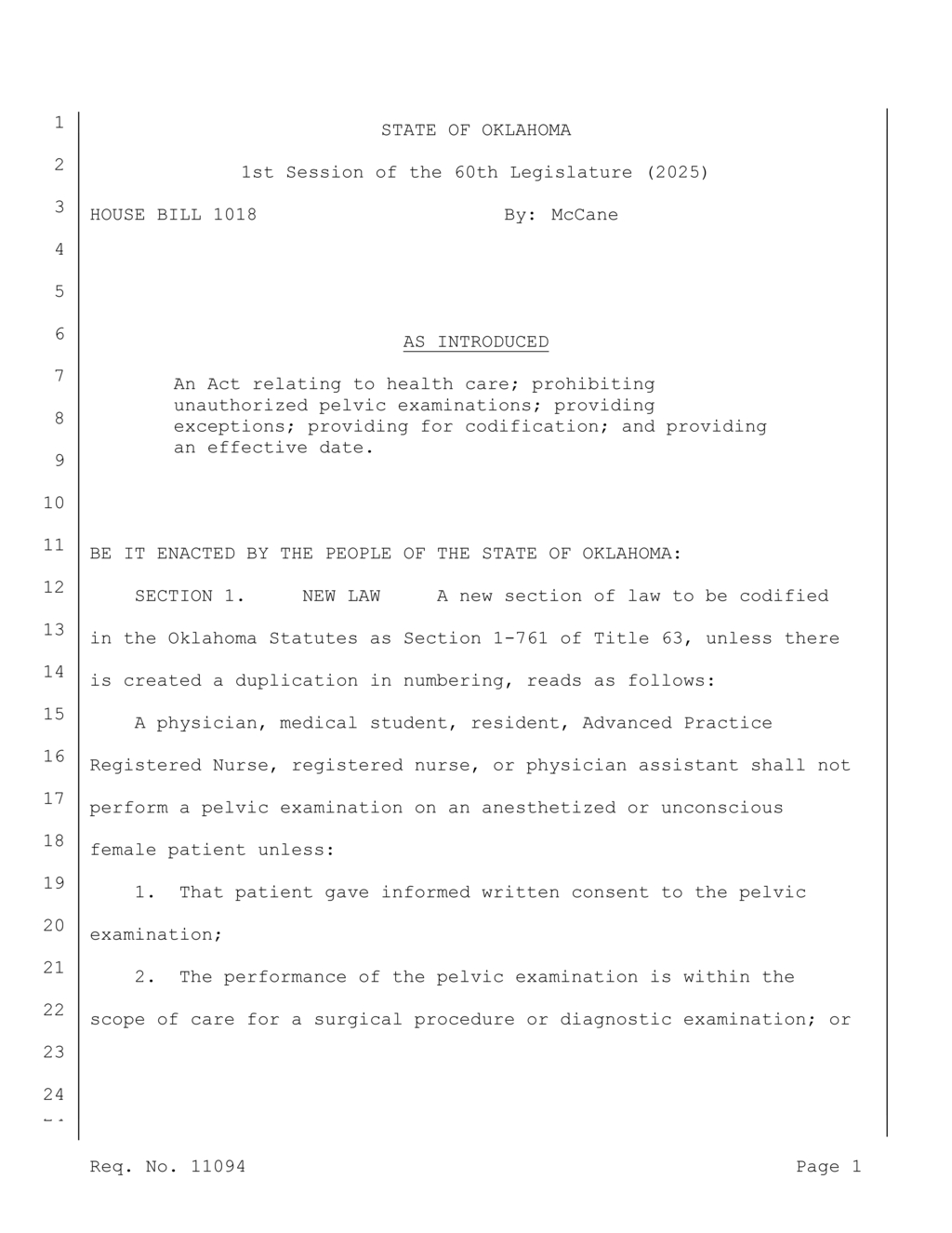Oklahoma House passes bill to ban unauthorized pelvic examinations