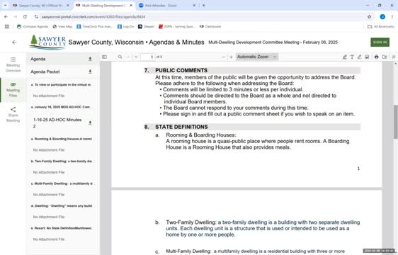 Sawyer County ad hoc committee adopts state dwelling definitions, narrows multifamily height and tables shoreland policy