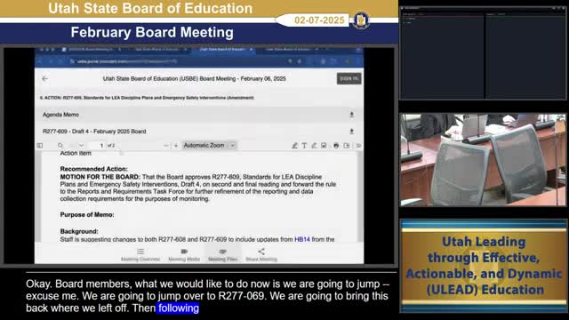 State board amends R277‑609 rule: replaces repeated use of 'restorative' with 'accountability' and adds definition; sends reporting work to task force