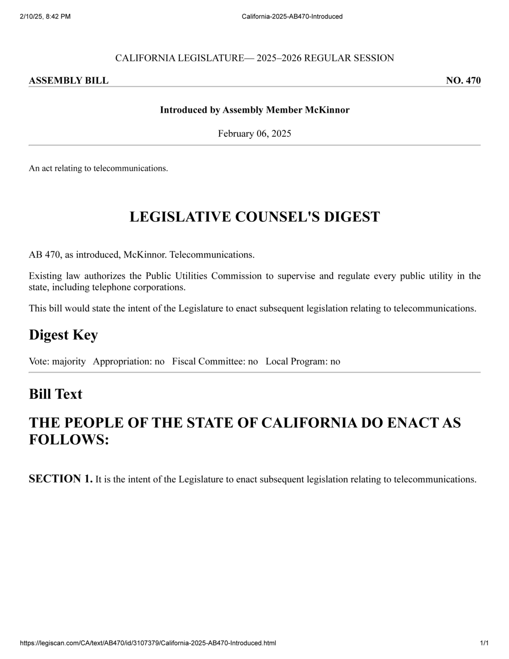 Assembly Member McKinnor introduces AB 470 to advance telecommunications legislation