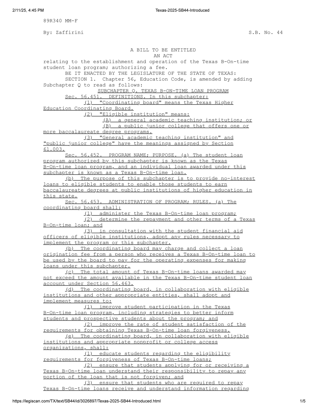 Texas Legislature establishes B-On-time student loan program for eligible students