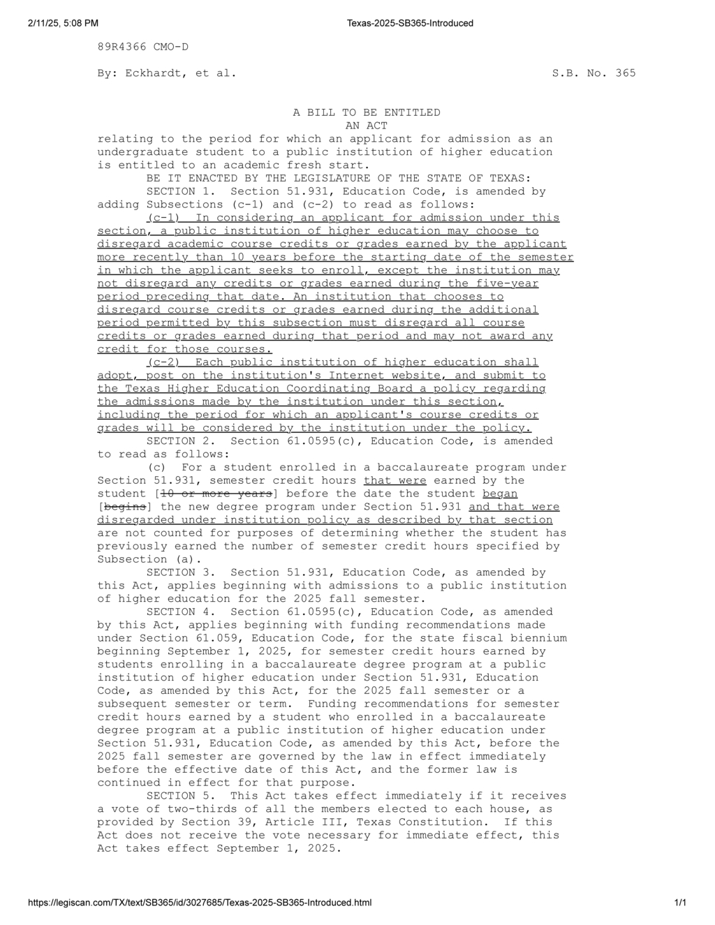 Texas Legislature amends academic fresh start policy for higher education admissions