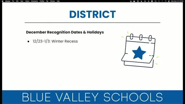 Blue Valley Schools celebrate students' achievements and approve December Board meeting agenda
