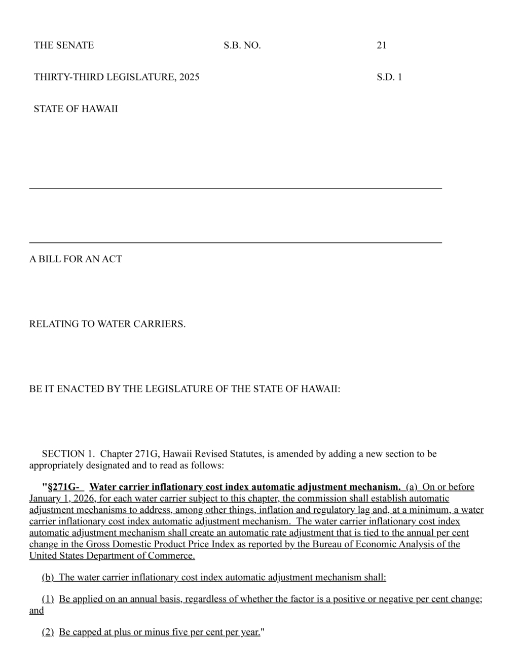 Hawaii Senate introduces water carrier inflation adjustment bill for 2026