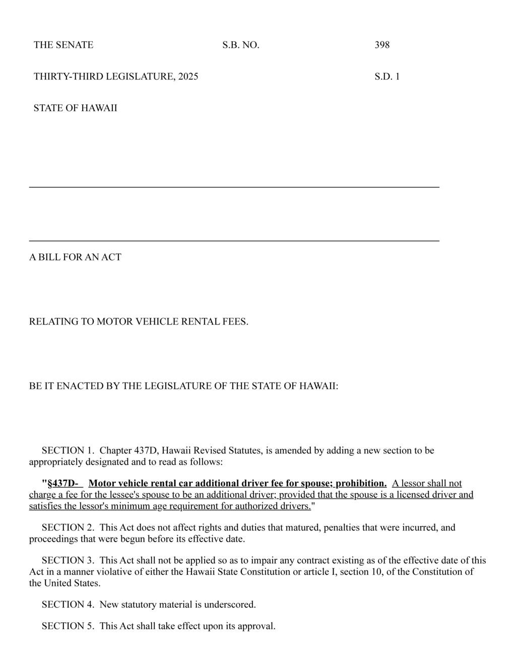 Hawaii Legislature prohibits additional driver fees for spouses of rental car lessees