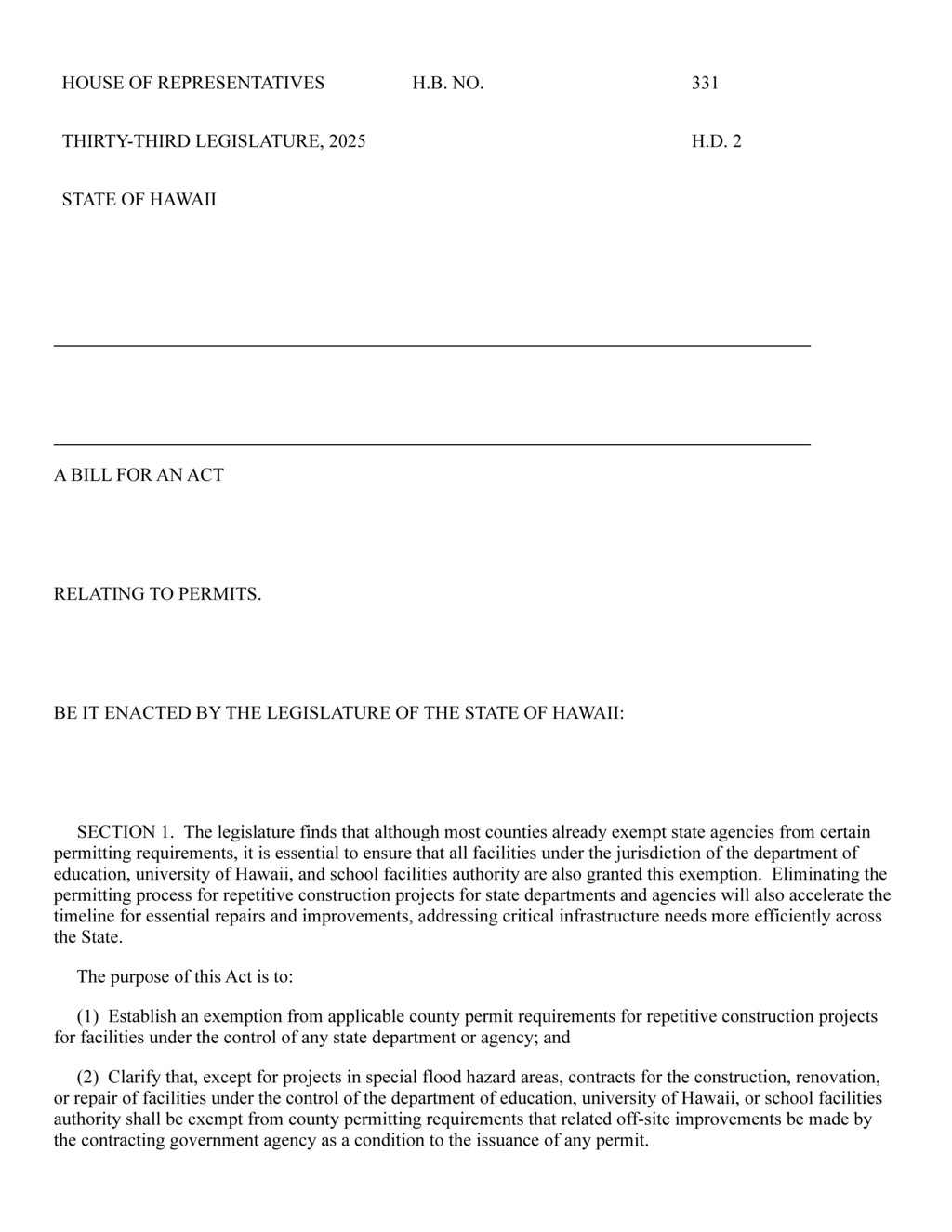 Hawaii amends law to exempt county permits for repetitive construction projects