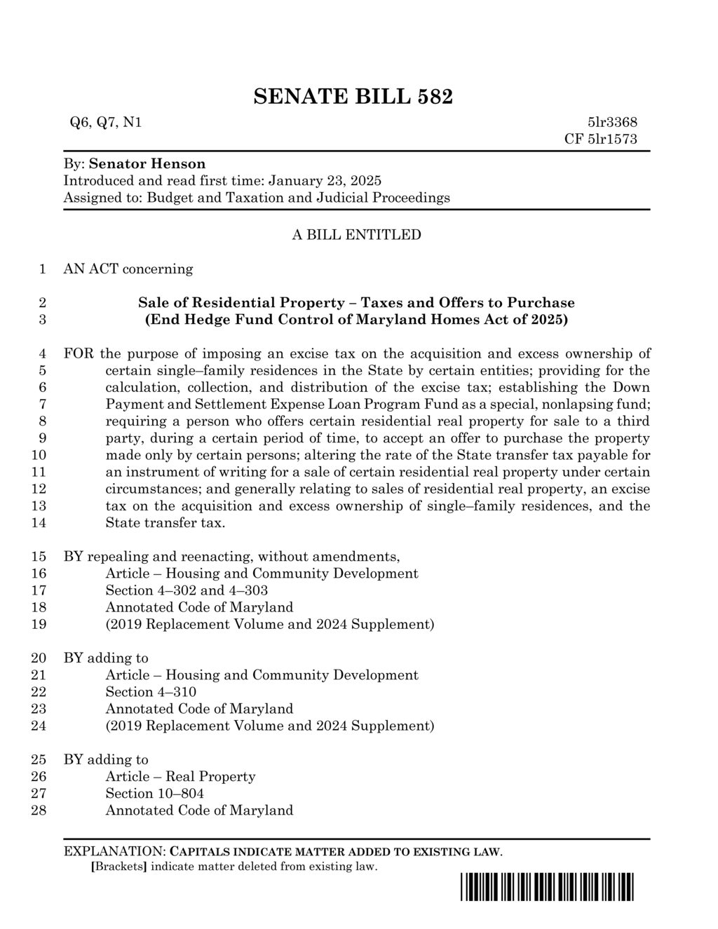 Senator Henson introduces End Hedge Fund Control of Maryland Homes Act of 2025
