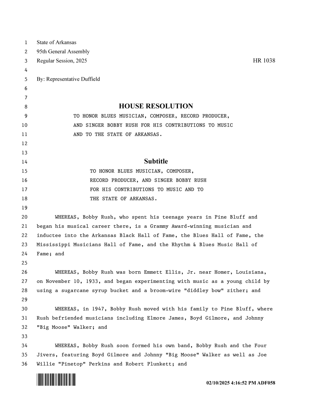 Arkansas General Assembly honors blues musician Bobby Rush for his musical contributions