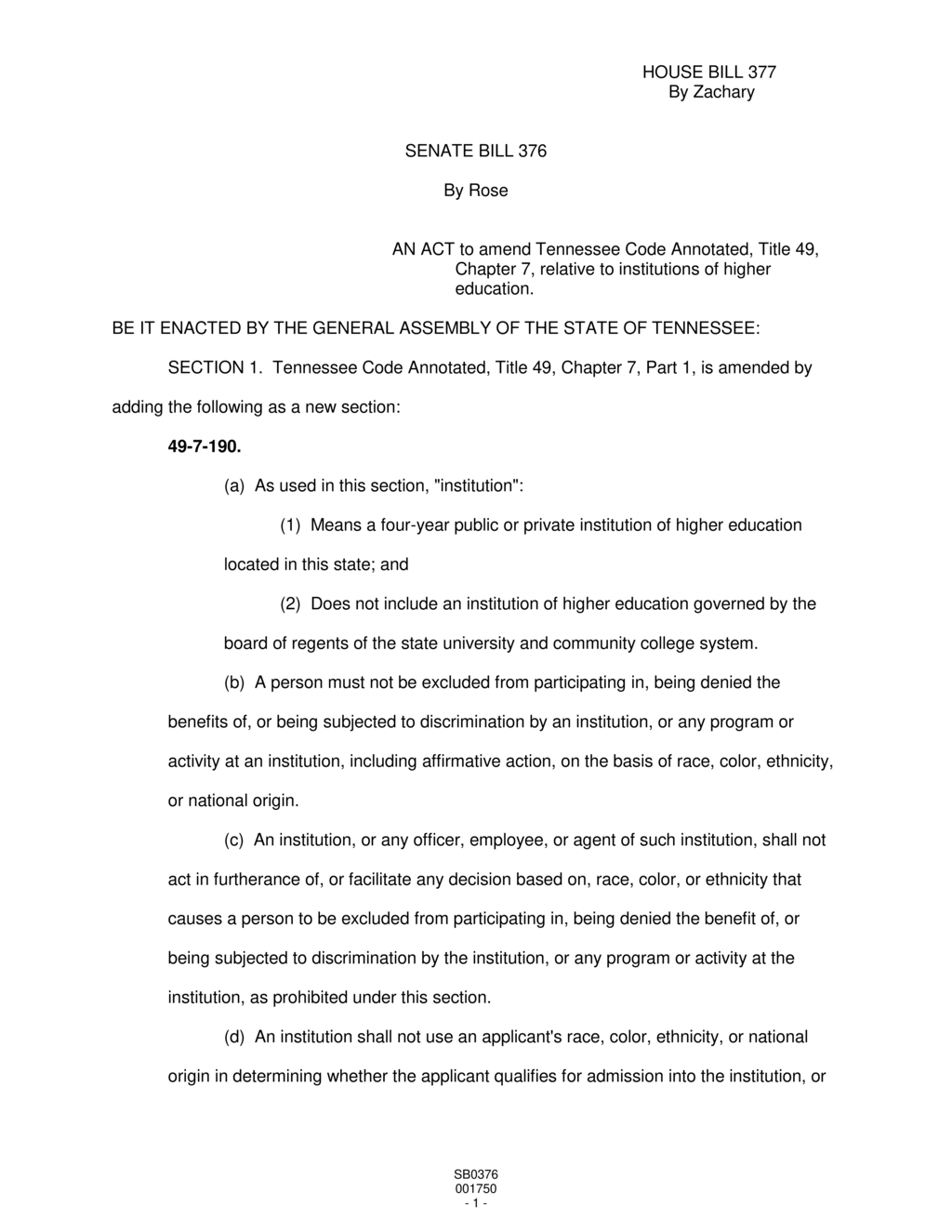 Tennessee Assembly approves SB376 banning discrimination in higher education admissions