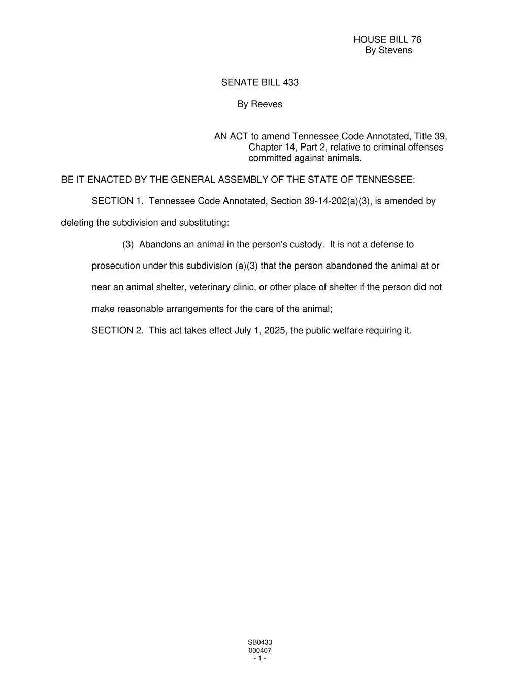 Tennessee General Assembly passes law against animal abandonment