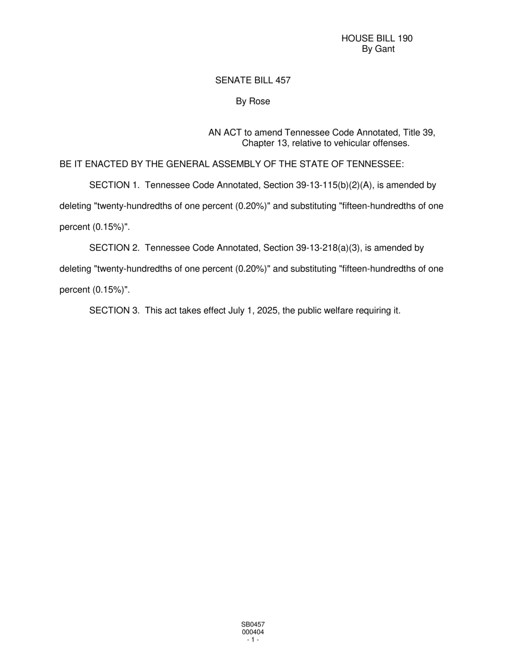 Tennessee General Assembly lowers DUI threshold to 0.15% with new legislation