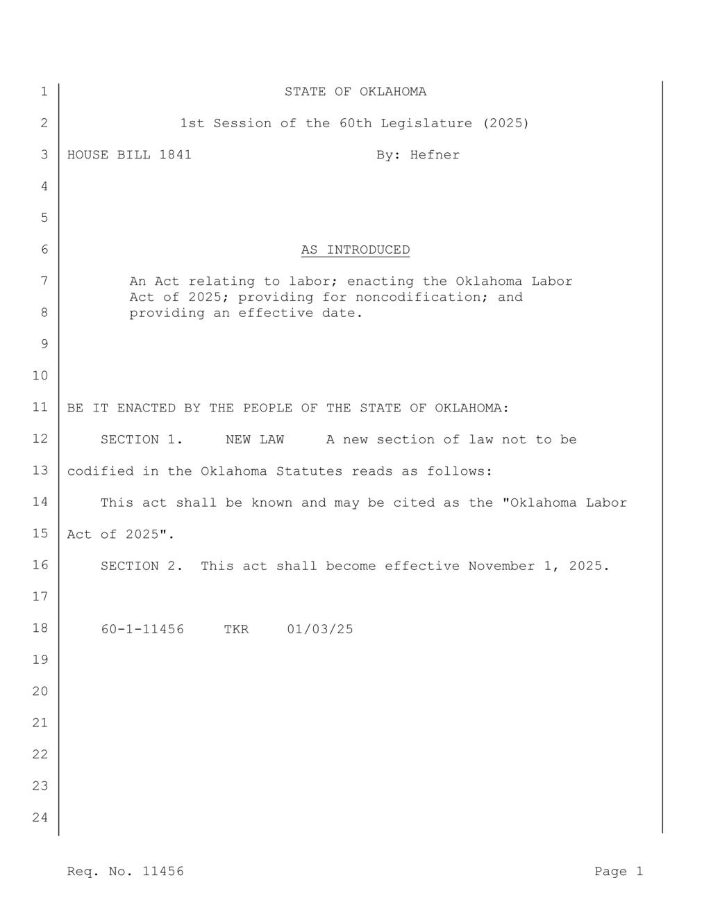 Oklahoma Legislature introduces Labor Act of 2025