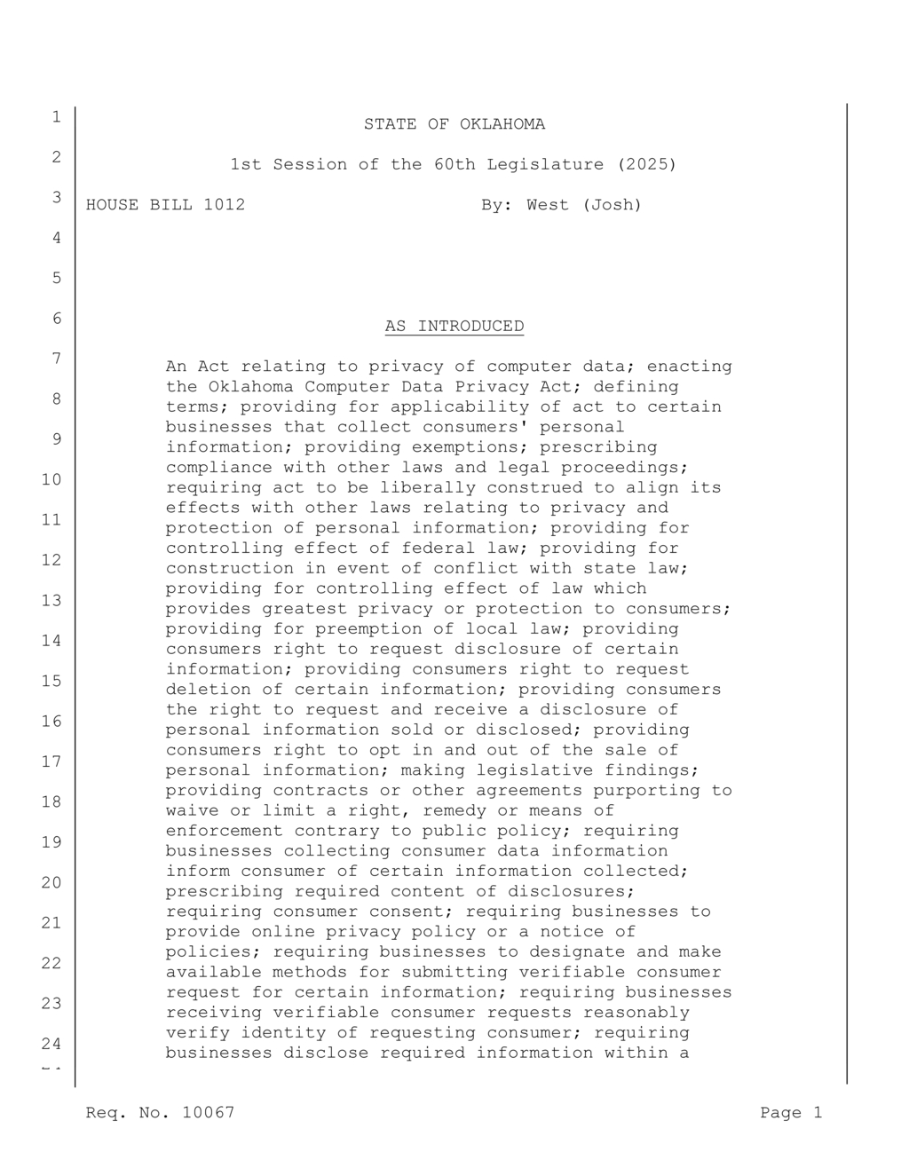 Oklahoma enacts law preventing consumer discrimination based on information rights