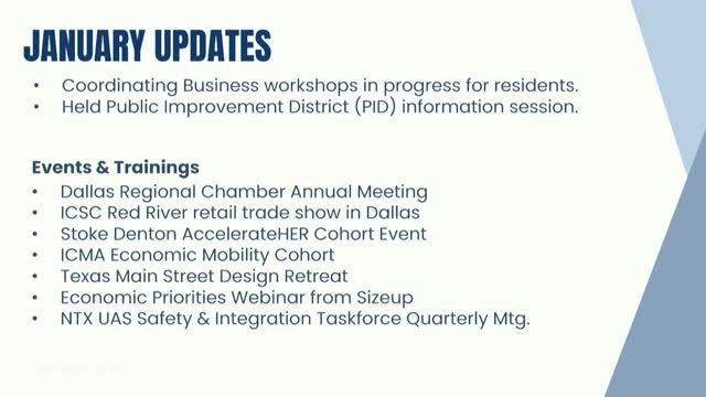 Staff reports January pipeline: workshops, PID outreach, 10 leads and 25 active projects