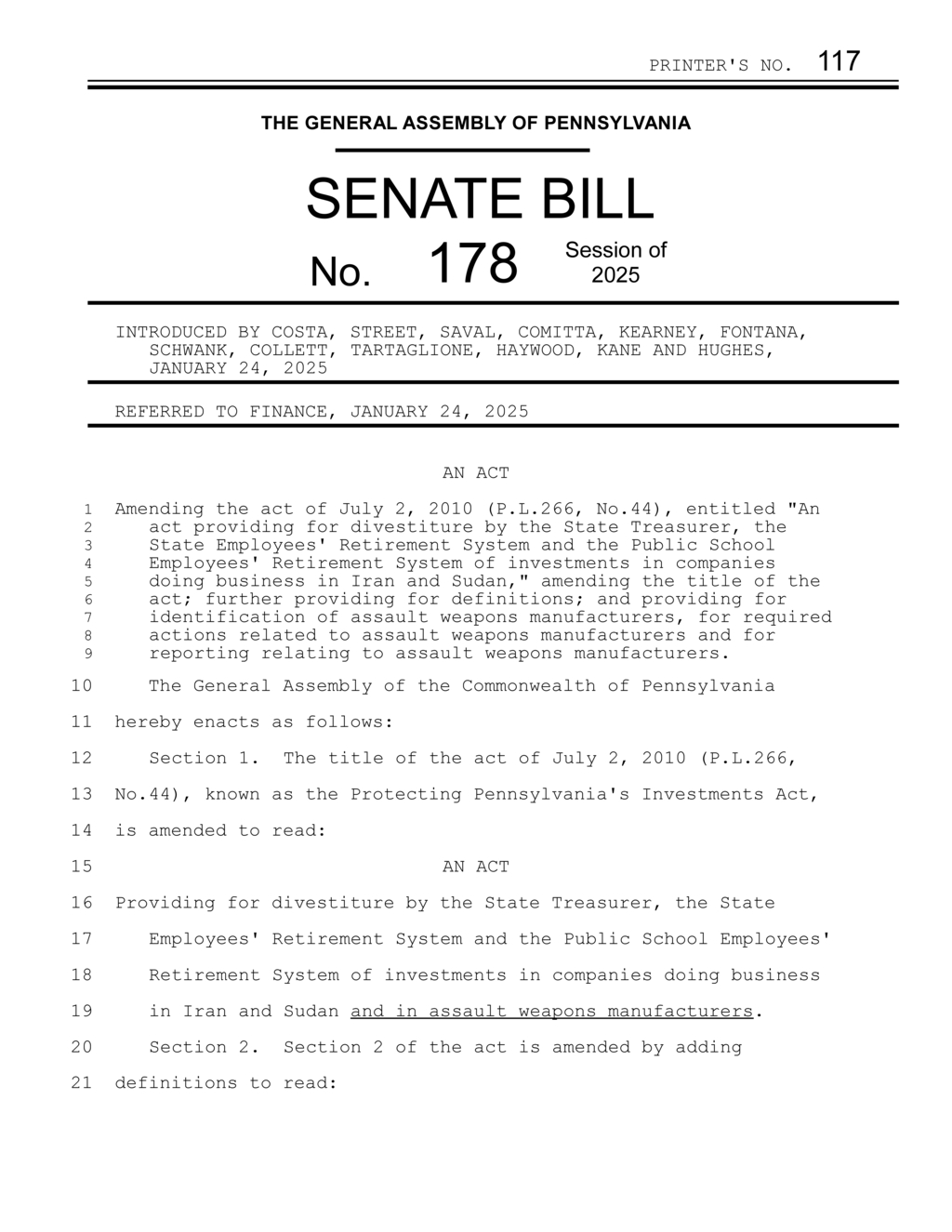 Pennsylvania Assembly amends Protecting Investments Act to target assault weapon manufacturers