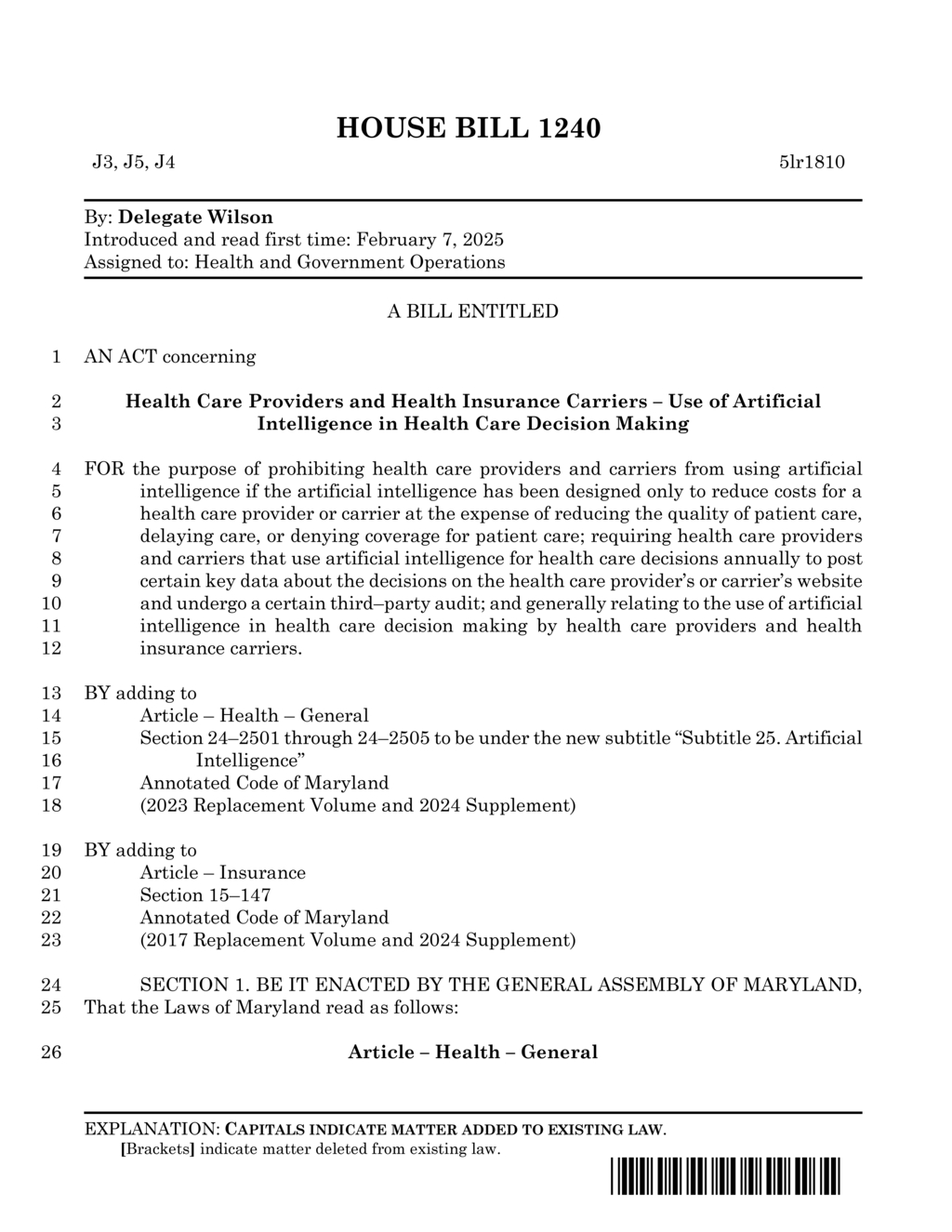 Delegate Wilson introduces Maryland bill regulating AI use in healthcare decision making