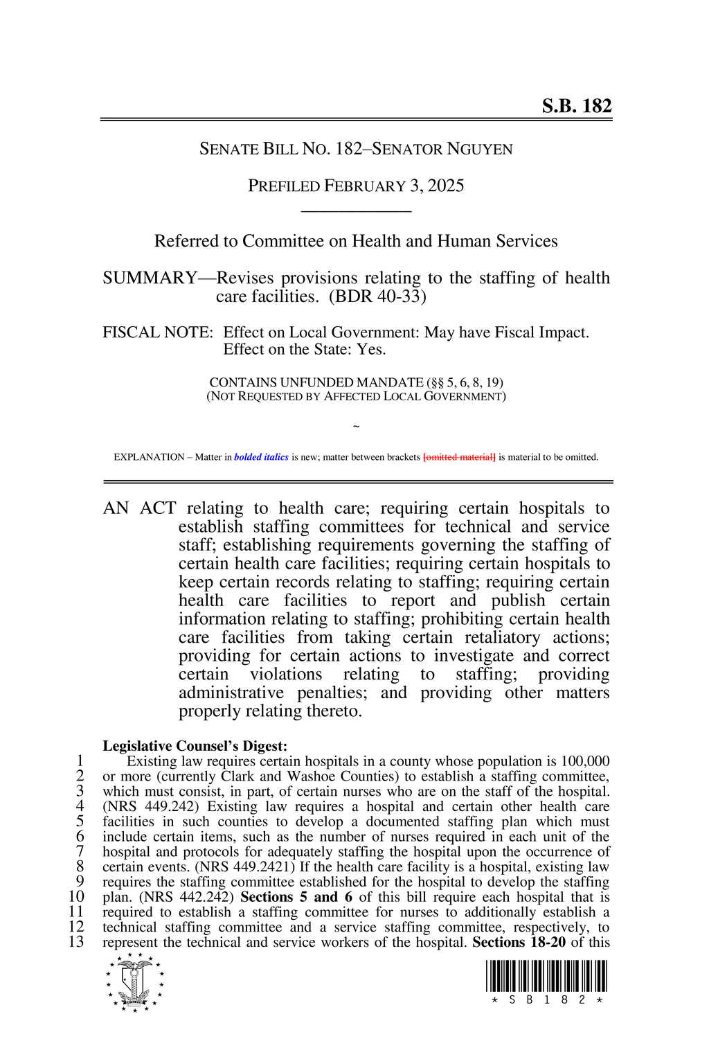 Legislators enact SB182 to enhance workplace safety in medical facilities