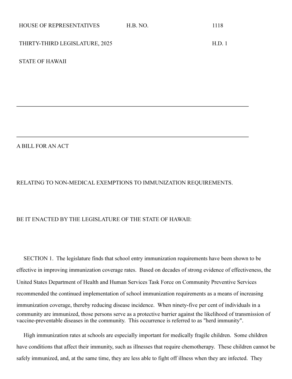 Hawaii prohibits new non-medical immunization exemptions for school children