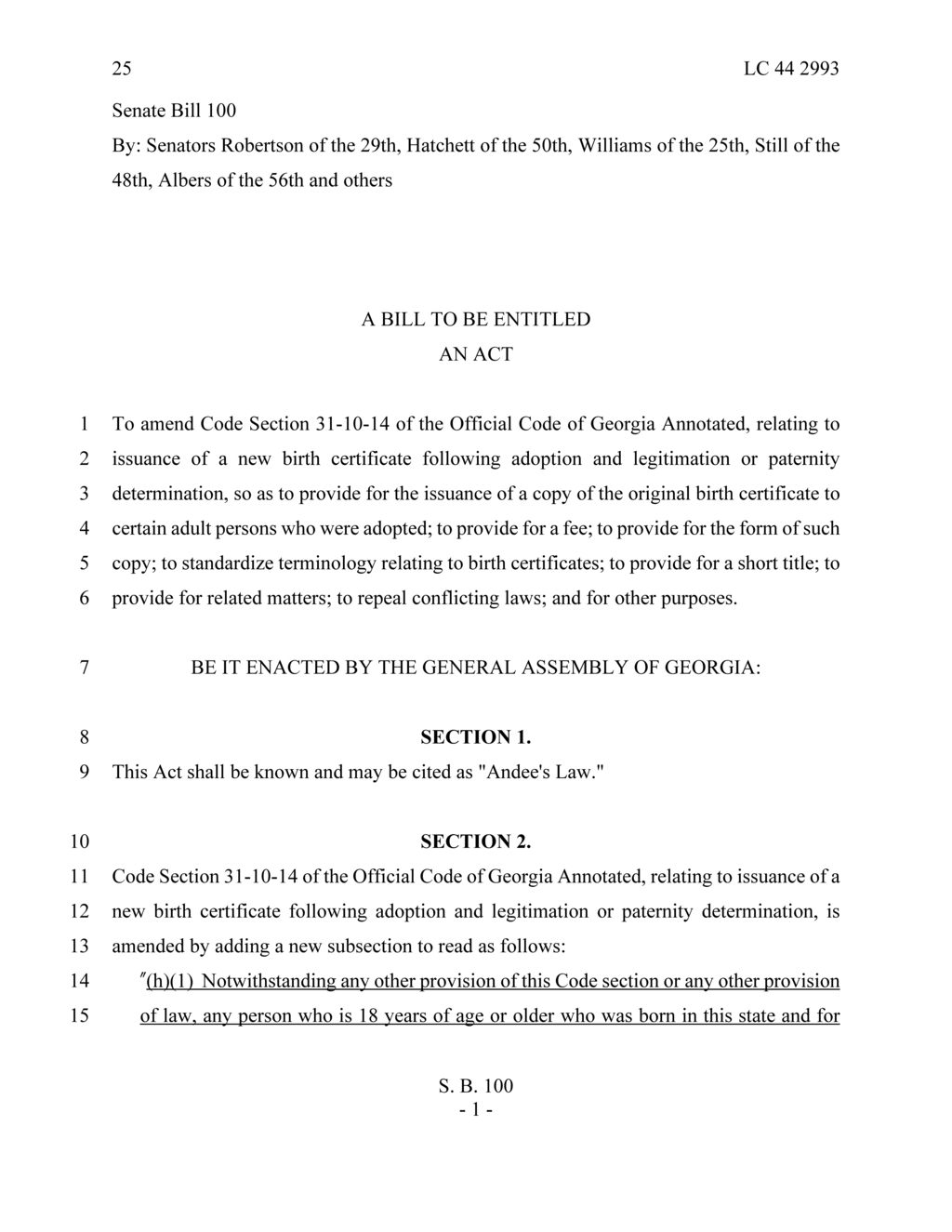 Georgia Senate passes Andee's Law for original birth certificate access post-adoption