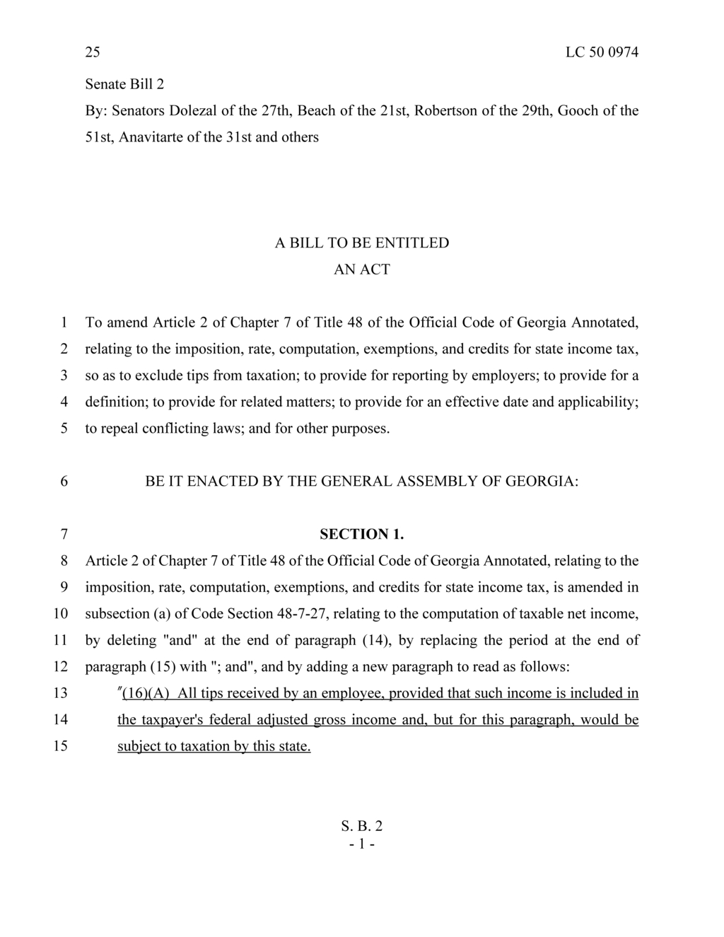 Georgia Senate Bill 2 proposes tax exemption for employee tips