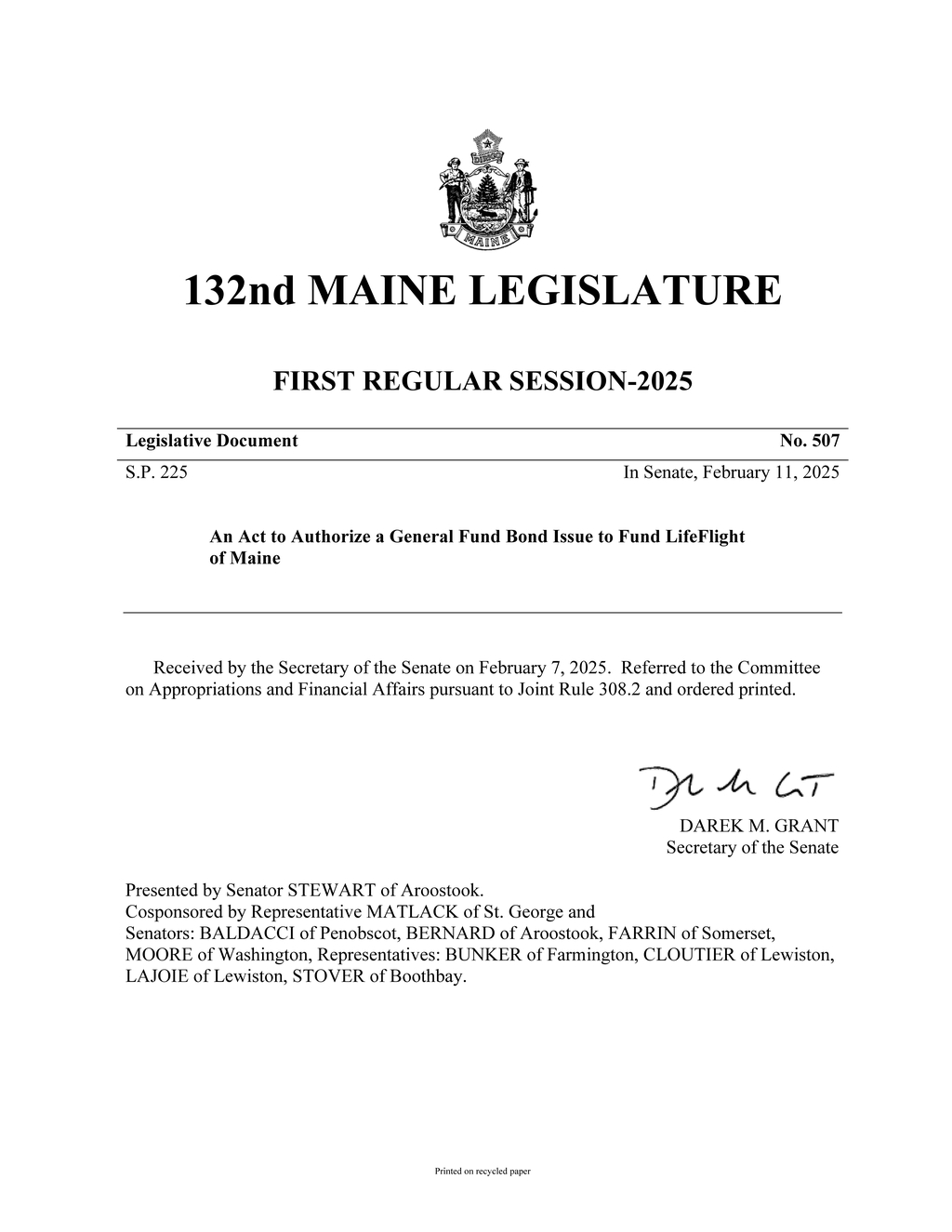 Senator Stewart proposes bond issue for LifeFlight of Maine funding