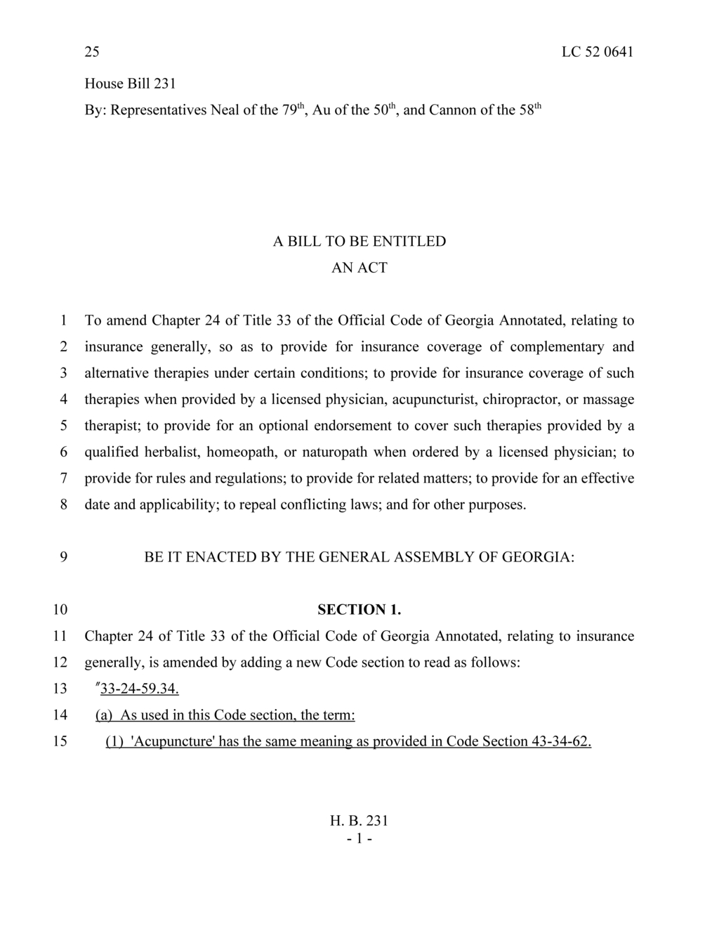 Georgia lawmakers propose insurance coverage for alternative therapies under House Bill 231