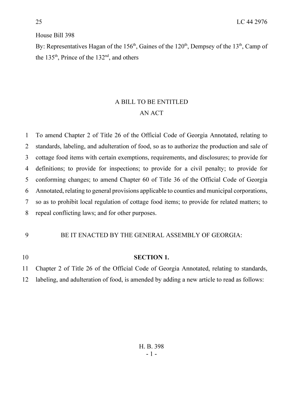 Georgia enacts cottage food law for consumer protection and safety regulations