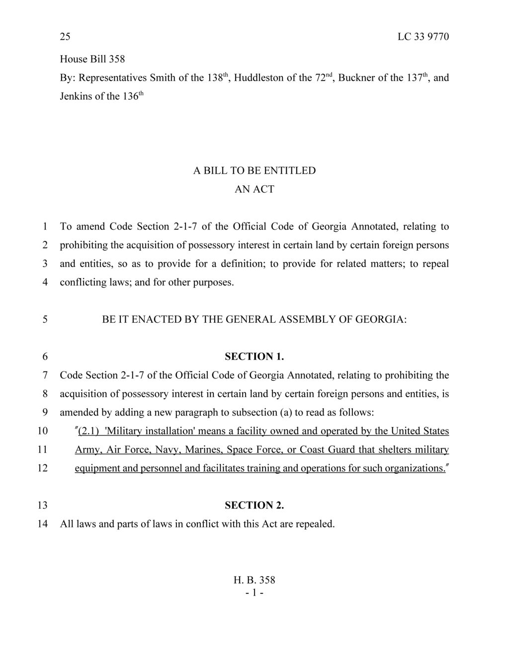 Georgia Assembly approves House Bill 358 restricting foreign land acquisition near military sites