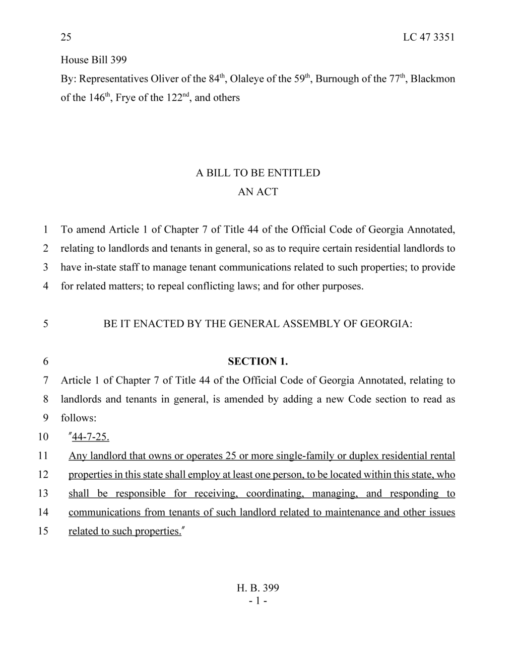 Georgia lawmakers propose House Bill 399 for tenant communication requirements