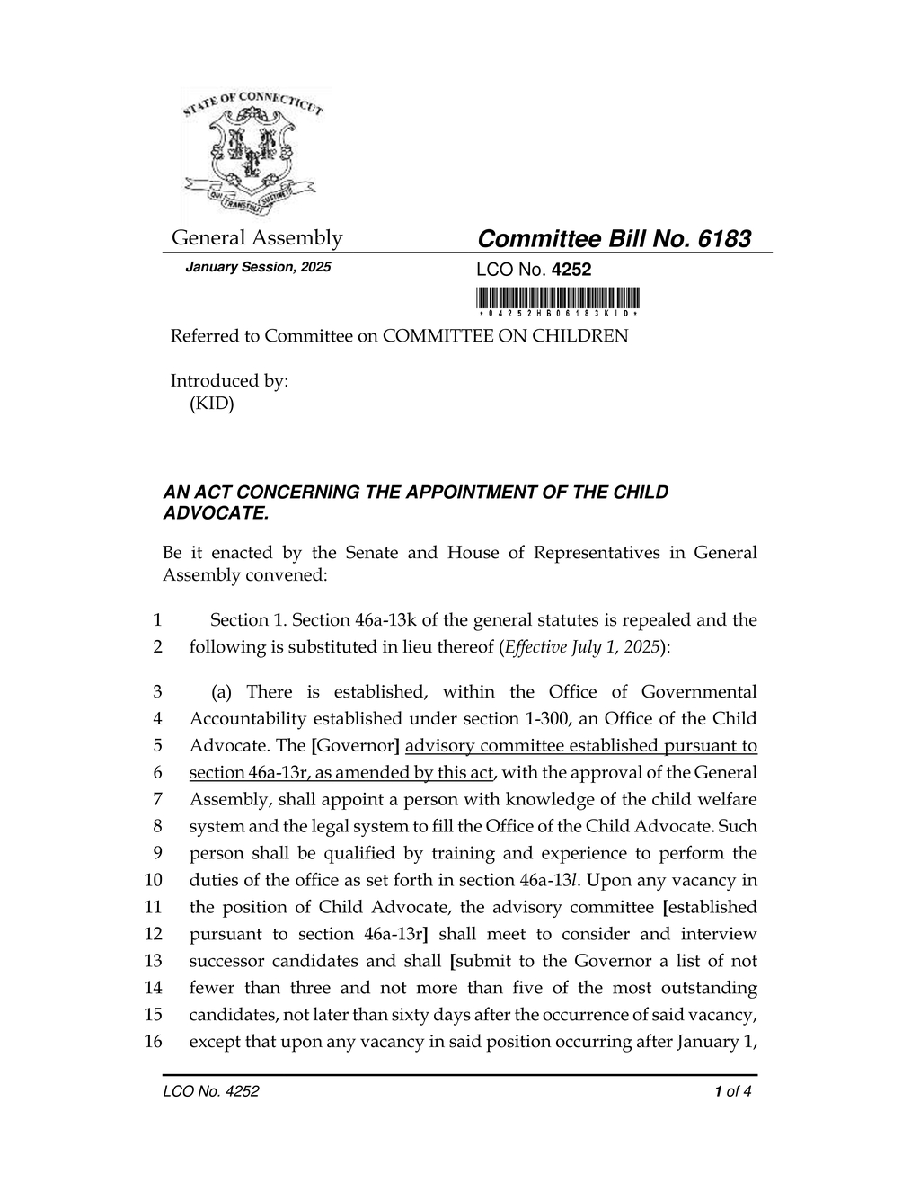Connecticut General Assembly establishes Child Advocate advisory committee