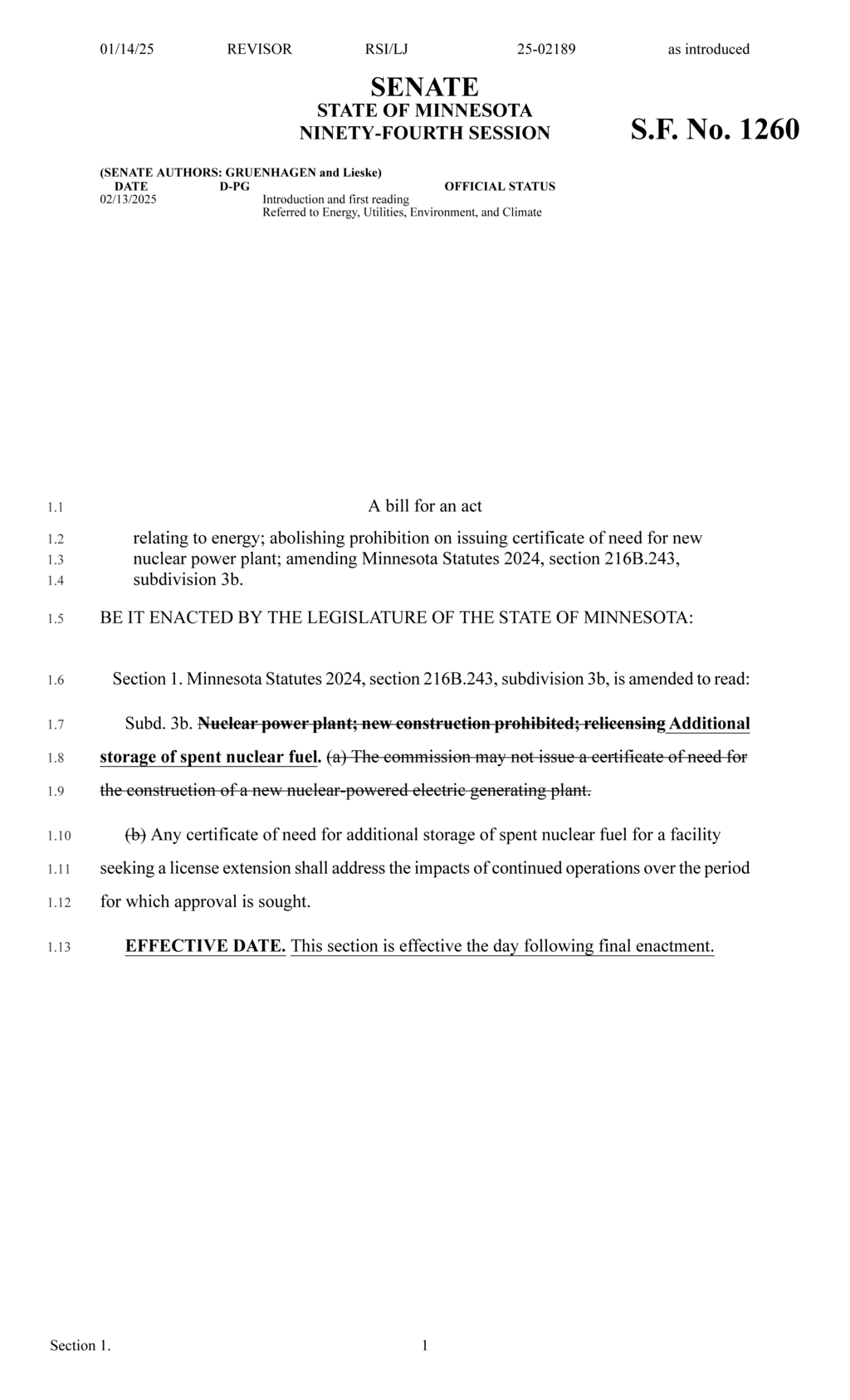Minnesota Legislature proposes nuclear power plant construction bill