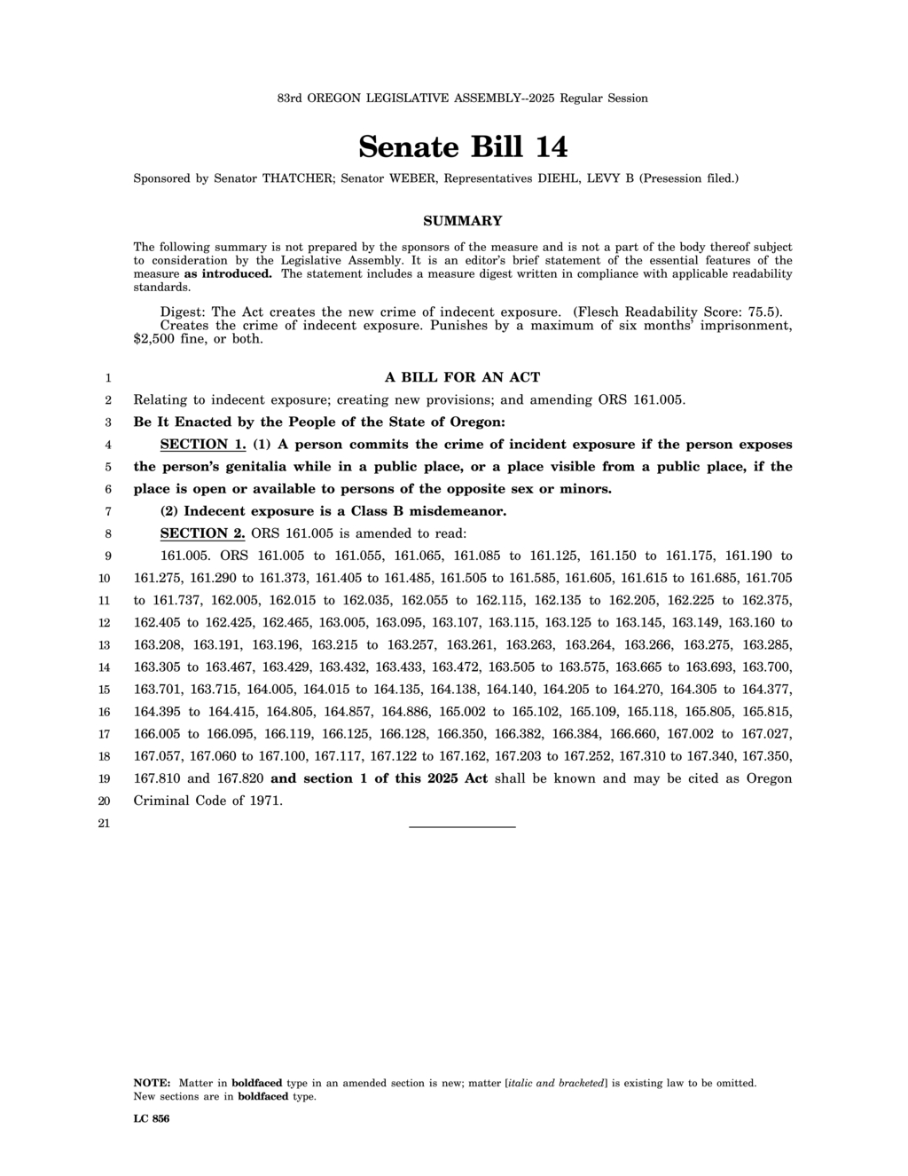 Oregon lawmakers introduce Senate Bill 14 to criminalize indecent exposure